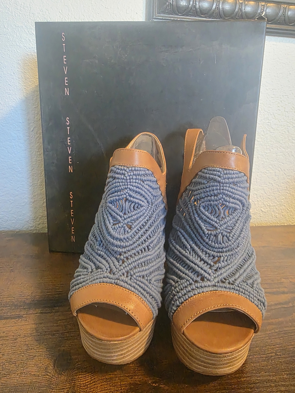 Steven By Steve Madden Blue Macramé Wedge Sandals with Tan Trim